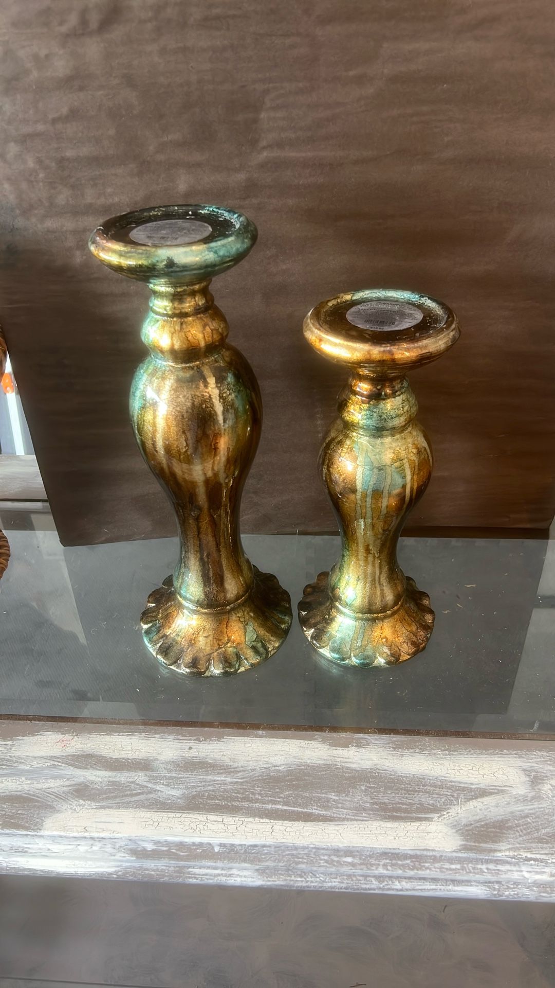 Pier 1 Smokey Brown Teal And Gold Candle Holders