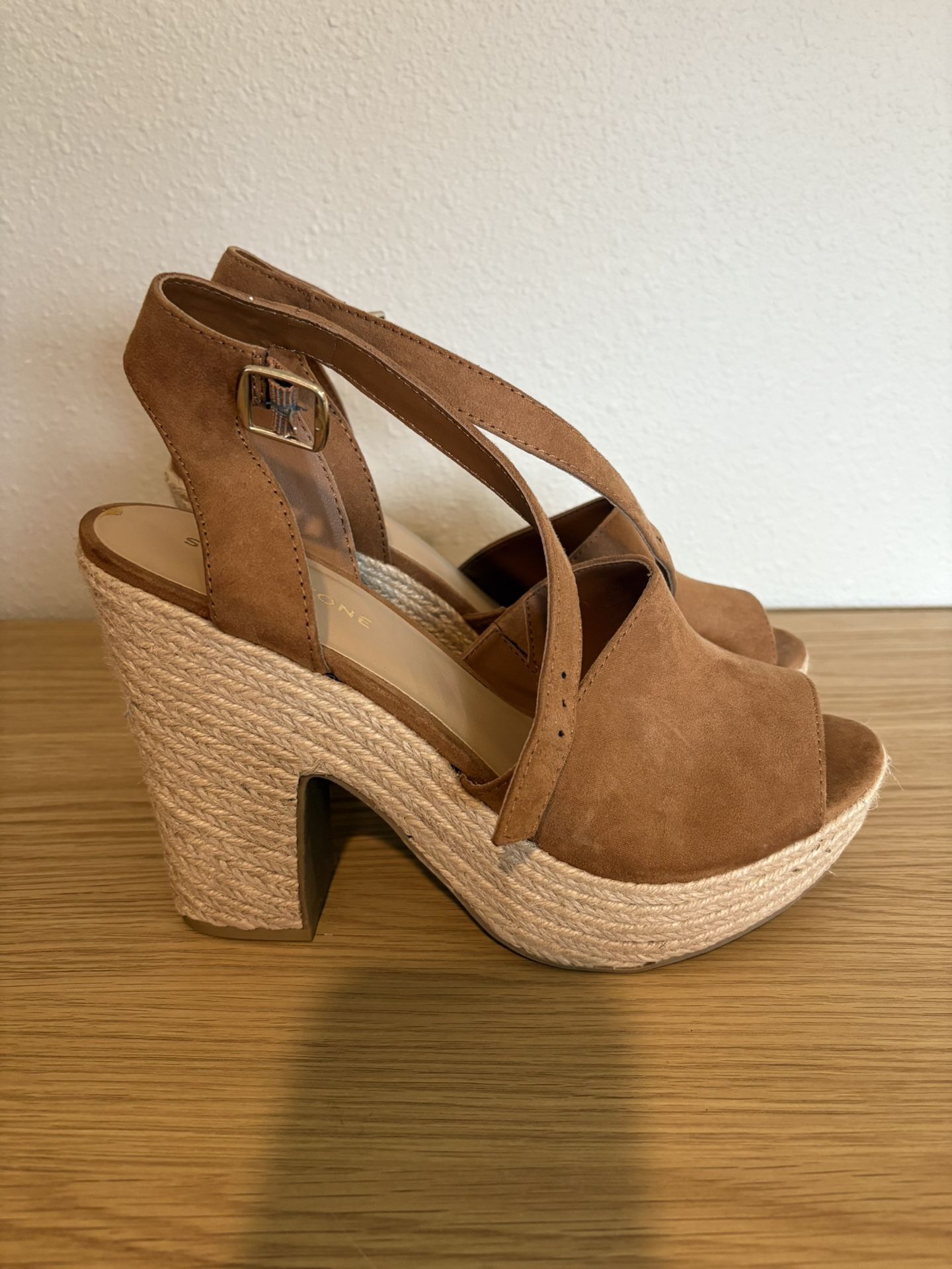 Sun + Stone Women’s Tan Suede Espadrille Platform Heels – Size 10