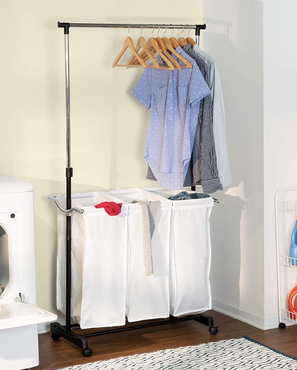 NEW Rolling Laundry Cart W/ Hanging Bar, Clothes Rack W/ Bar, Clothes Bin, Laundry !