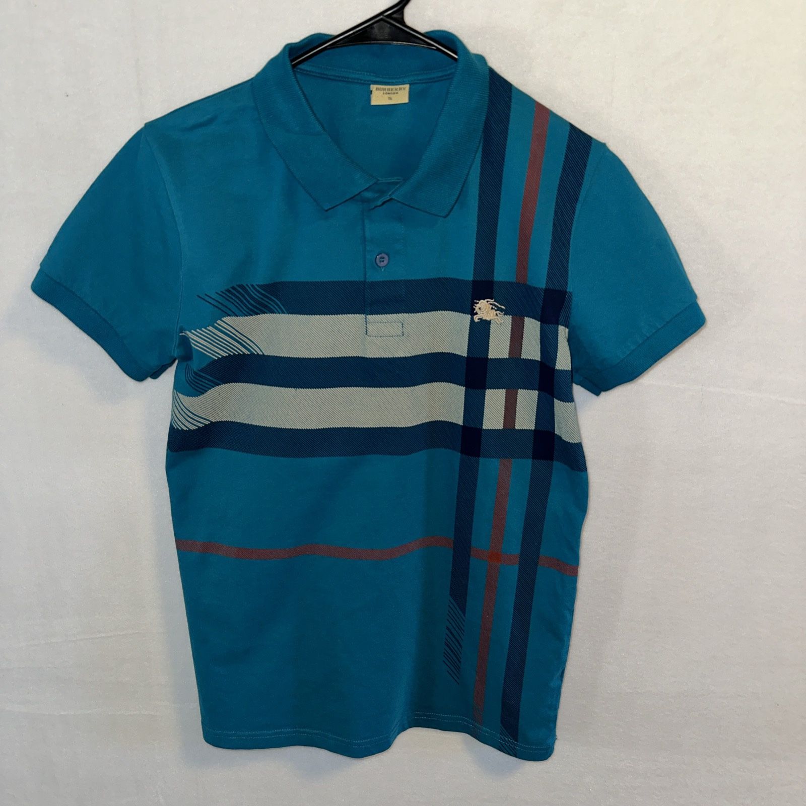 Burberry London Polo Shirt Men’s Small Blue Short Sleeve Casual Tartan Plaid