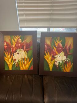 Matching Tropical Wall Art Set – Framed  Beautiful matching tropical floral artwork in dark wood frames. Great condition and perfect for a living room
