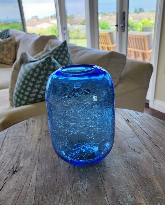 Vtg Blenko - Don Shepherd HandBlown Blue Crackle Glass Vase 10 1/2" Pill - MCM/ Blenko Glass Art/Crackle Glass/Beach Decor/Minimalist/Office Decor/