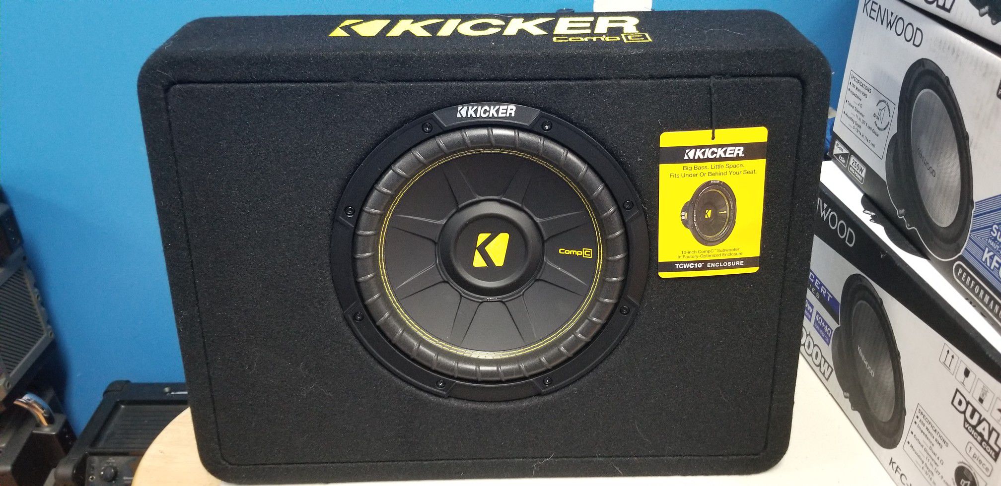 Kicker CompC 10" subwoofer in truck enclosure 600 watts.