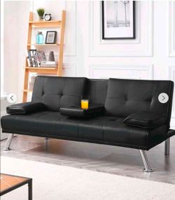 NIB Modern Faux Leather Futon with Cupholders and Pillows, Black