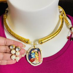 India Radha Krishna Hand Painted Stone Choker Necklace Golden Hansli Earrings