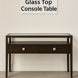 54” Mid-Century Modern Console Table with Glass Top & Dual Drawers – Espresso Wood Finish