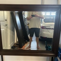 BIG Hardwood Mirror With Dresser Attachment Rods. 