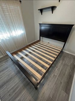 Solid Dark Wood Queen Platform Bed Frame w/ Headboard & Slats