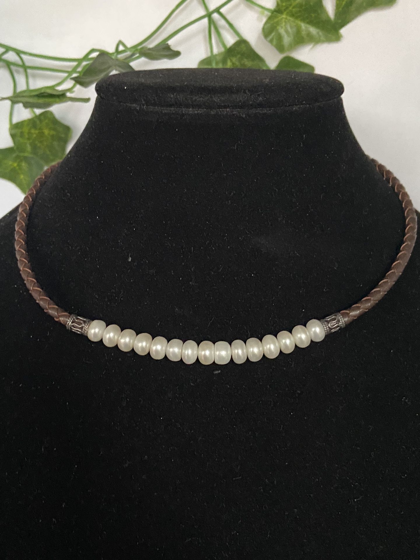 Vintage Leather Sterling Silver And Pearls Choker