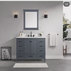 #24 Merryfield 43 in. Single Sink Freestanding Dark Blue-Grey Bath Vanity with White Carrara Marble Top (Assembled)