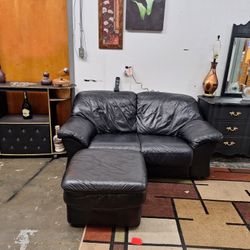 Black Leather Loveseat + Ottoman