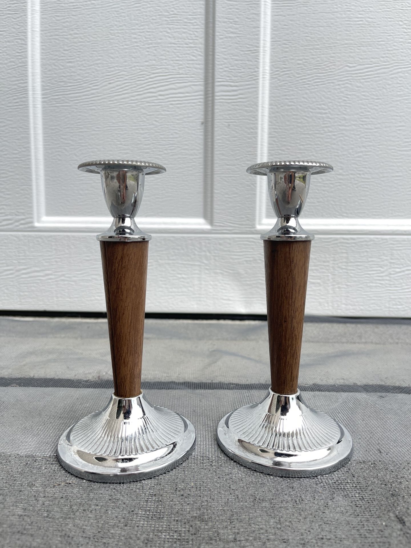 IANTHE Pat PDG Made in England Faux Wood & Silver Plate Candle Holders