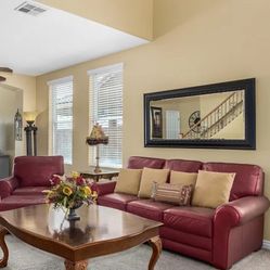 GORGEOUS RED LEATHER COUCH/CHAIR/OTTOMAN