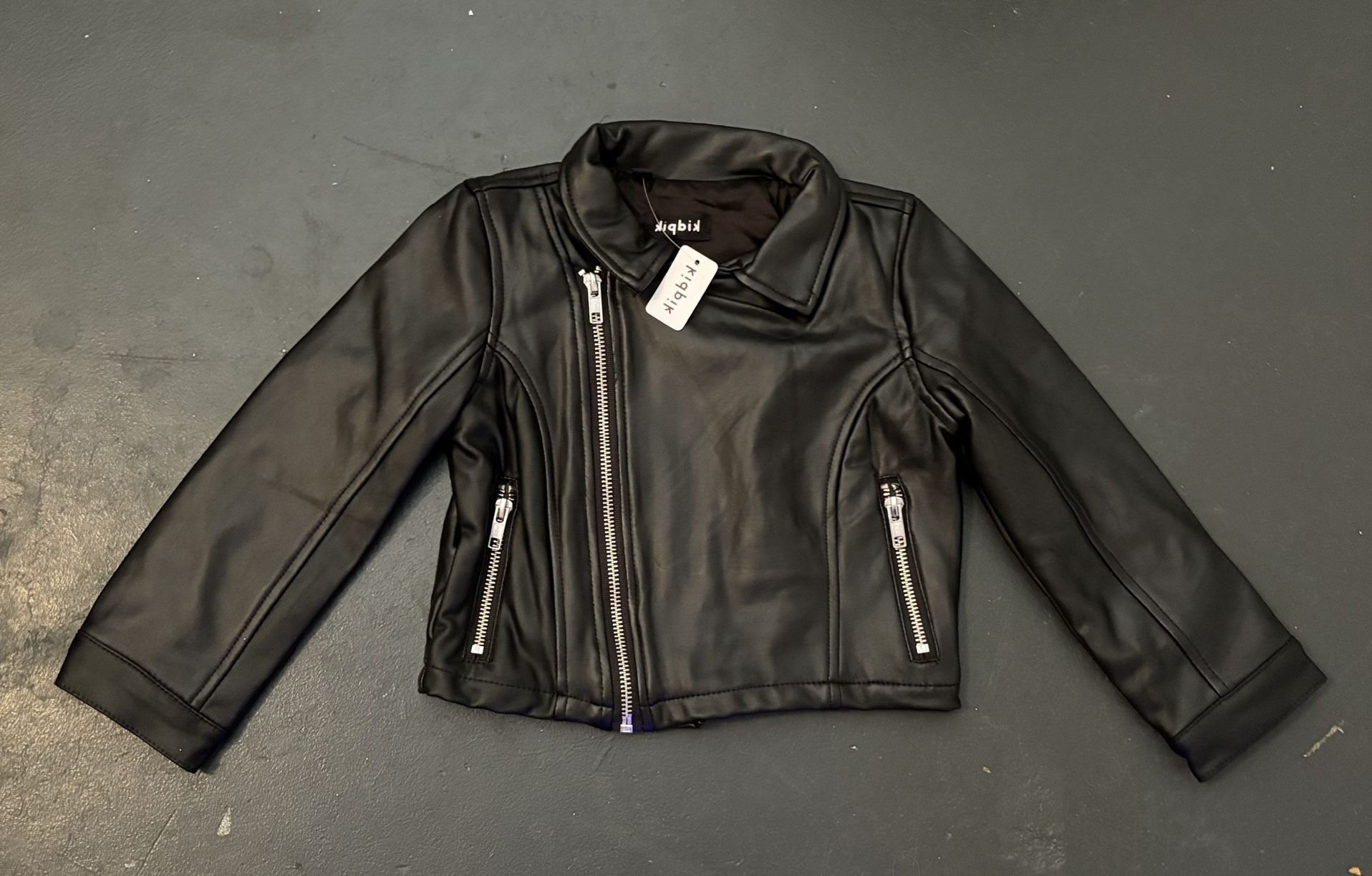 Girls. Sz XXS 4. Black Faux Leather Bomber Jacket