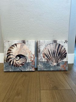 28x14 Two Piece Ocean Seashell Beach Textured Sequin Canvas Wall Art- Canvas Artwork
