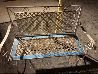 Vintage Metal Patio Bench w/ Blue Tile Accent