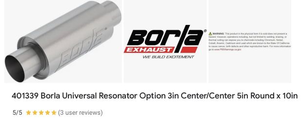 Borla 401339 Exhaust Muffler Resonator 3”