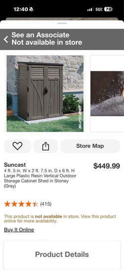 Suncast 4 ft. 5 in. W x 2 ft. 7.5 in. D x 6 ft. H Large Plastic Resin Vertical Outdoor Storage Cabinet Shed in Stoney (Gray)