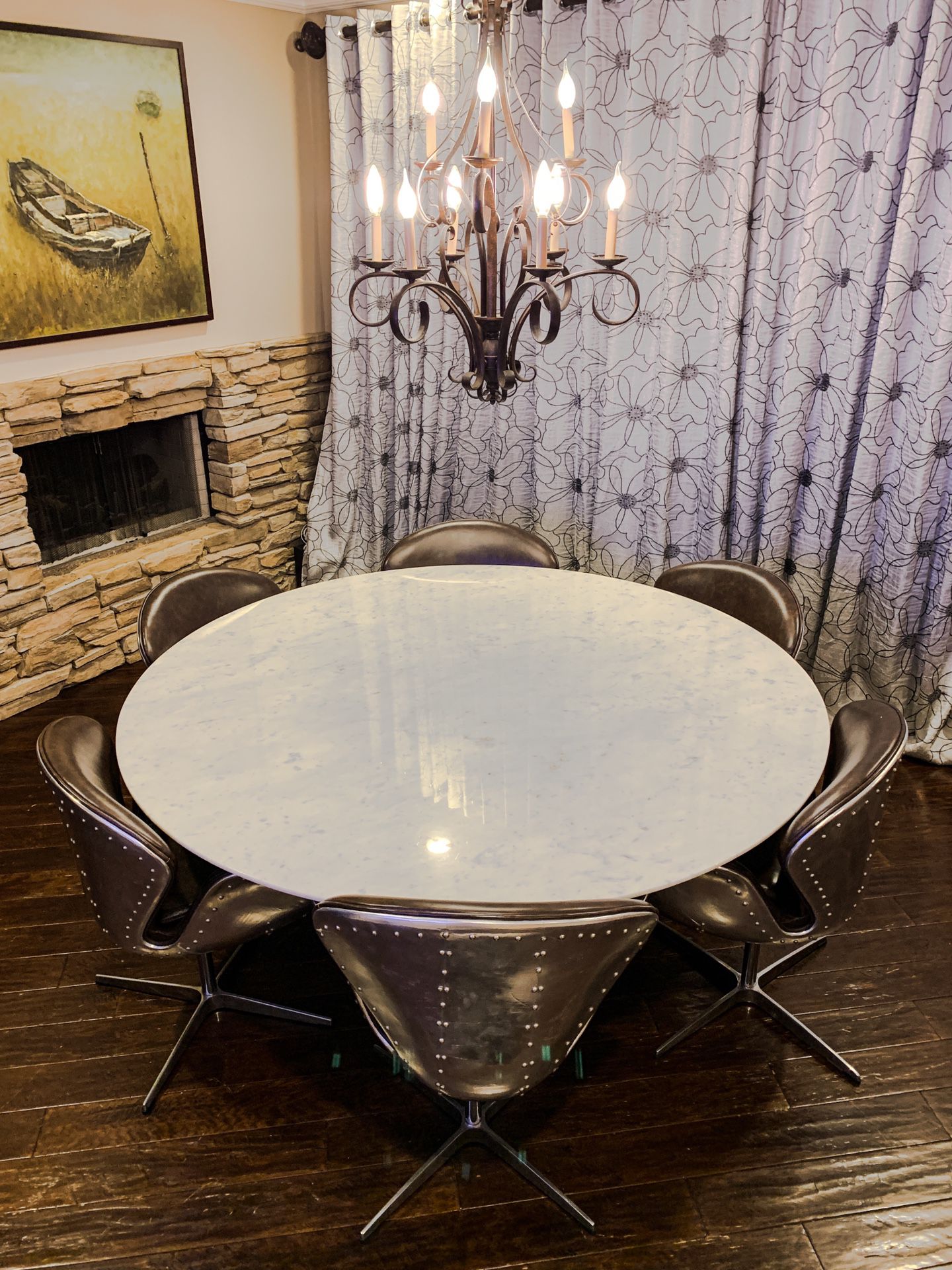 Real Marble 72" Dining Table With 6 Real Leather Aluminum Chair Set