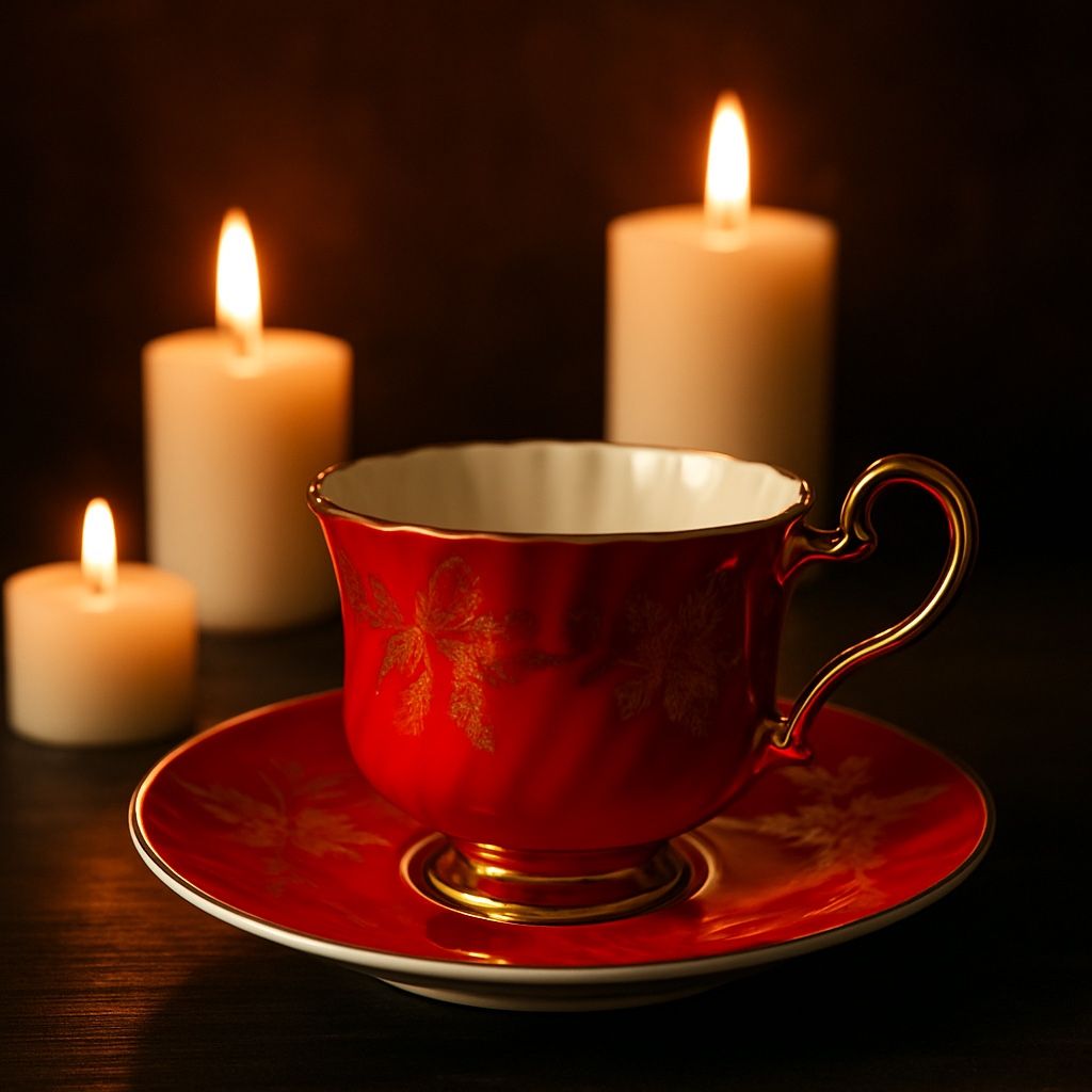 H.M. Sutherland England 1950s Red & Gold Leaf Teacup & Saucer