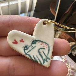 Unique Heart-Shaped Ceramic Pendant with hand painted Frog Design, with necklace