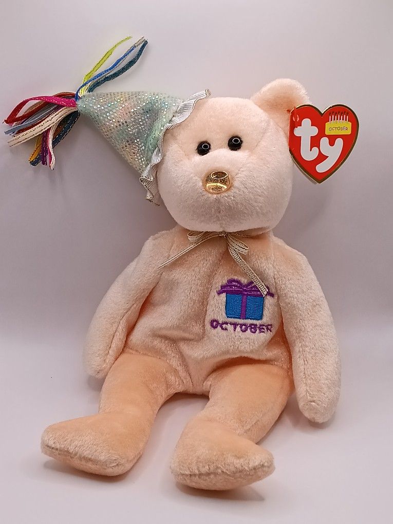 TY Beanie Baby October Birthday Bear with Birthday Hat