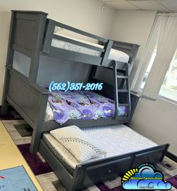 Twin full grey bunk bed litera with mattresses colchones camas trundle