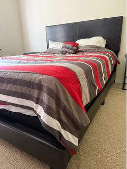 Queen black  faux leather bed frame (and box screen) and queen mattress