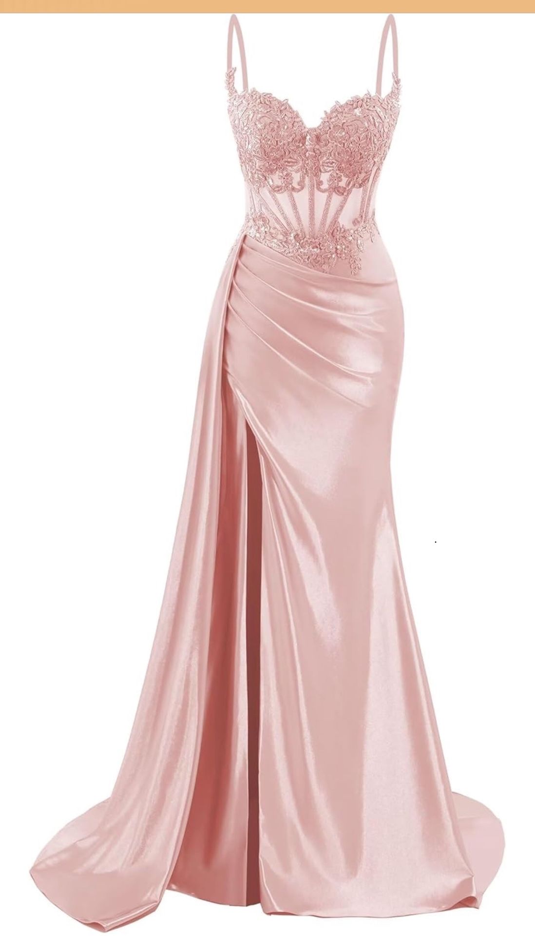 Spaghetti Strap Satin Prom Dresses Long Mermaid Lace Formal Gowns Corset Evening Party Dresses with Slit