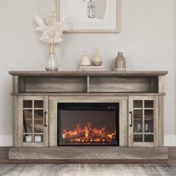 BELLEZE -Astorga 58" Glass Door Modern Farmhouse Fireplace TV Stand