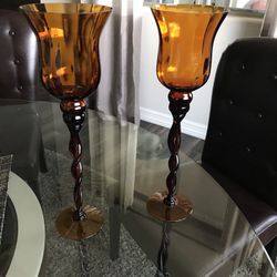 2 Amber Glass Hand Blown Hurricane Glasses