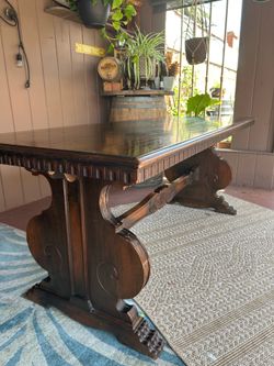 Antique 1920s Kittinger Carved Trestle Dining Table (Refectory Style)