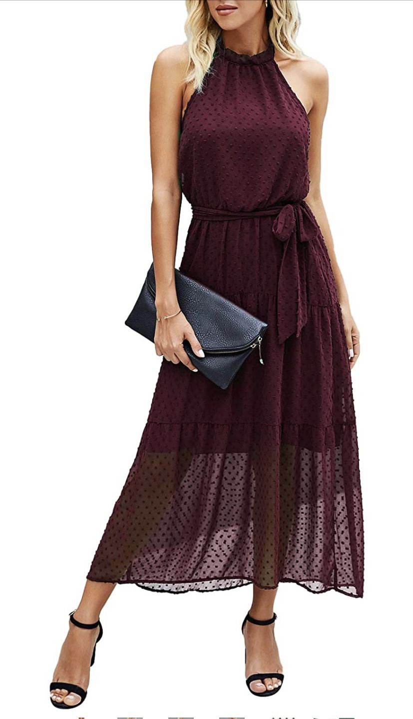 Casual halter dress neck sleeveless floral long maxi dress backless loose ruffle sundress with belt