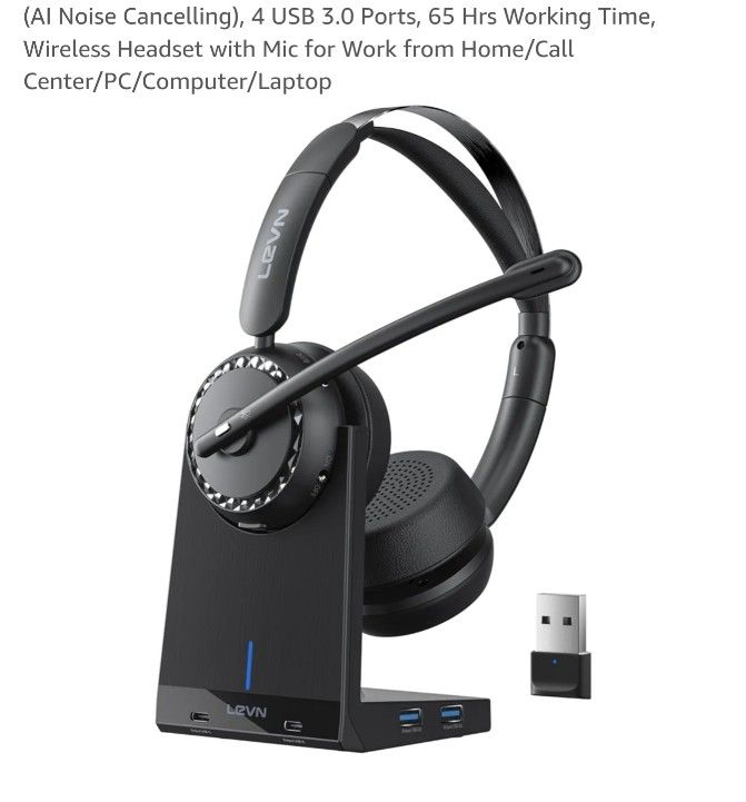 Wireless Headset, Bluetooth 5.2 Headset (AI Noise Cancelling), 4 USB 3.0 Ports, 65 Hrs Working Time, Wireless Headset with Mic for Work from Home/Call