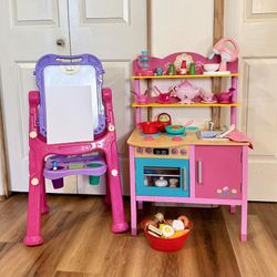 Wooden play kitchen & whiteboard, chalkboard with toys