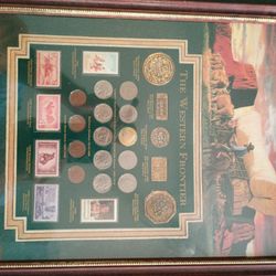 Vintage The Western Frontier Stamp And Coin Collection Framed