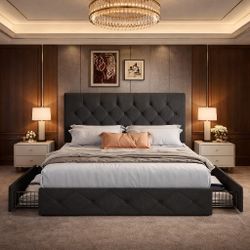 Queen Bed Platform Bed Frame with 4 Storage Drawers and Headboard, Diamond Stitched Button Tufted, Mattress Foundation with Wooden Slats Support, No 