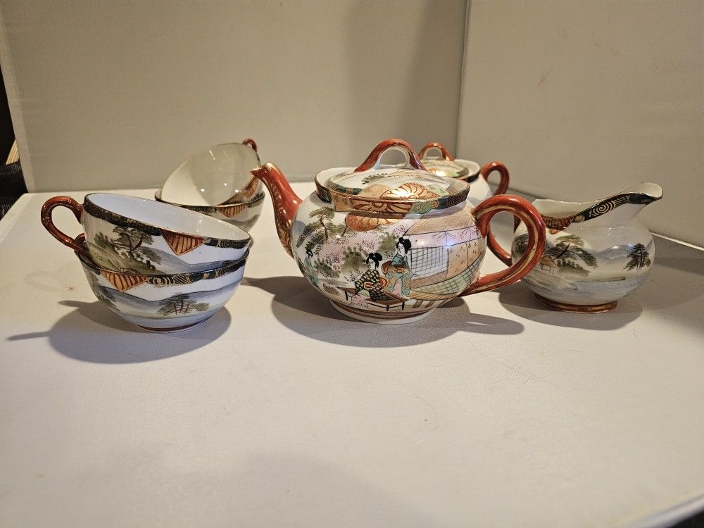 Antique Japanese Tea Set Geisha Japan Hand Painted Nippon