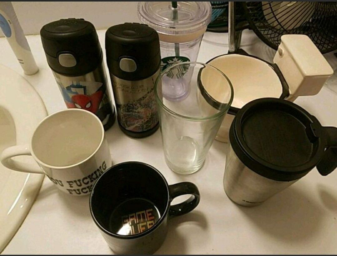 assorted glasses, mugs, and thermos $5 each