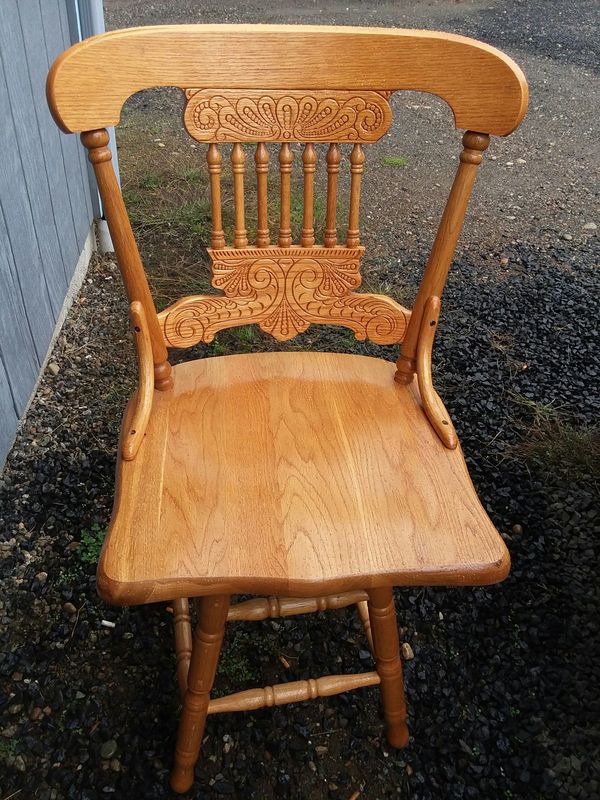 2 solid oak wood nostalgia press back bar stools. for Sale in Shelton, WA - OfferUp