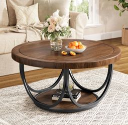 Tribesigns Round Coffee Table with 2 Tiers, 31.5" Wooden Circle Accent Cocktail Table, Brown/Black🌱