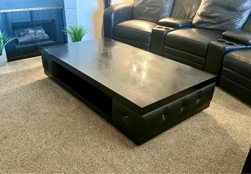 Large Black Crocodile-Texture Coffee Table w/ Tufted Leather & Storage