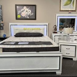 White Led Upholstered Panel Bedroom Set/Dresser,mirror, Bed, Nightstand//Mattress Sold Separately 