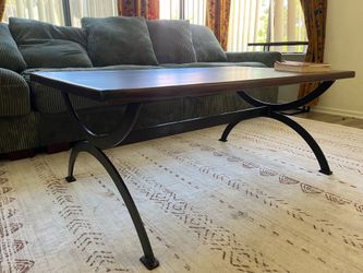 Solid Wood Coffee Table with Sculptural Arched Iron Base — Refinished