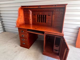 Vintage Oak Roll Top Desk with Matching Pedestals – Solid Wood