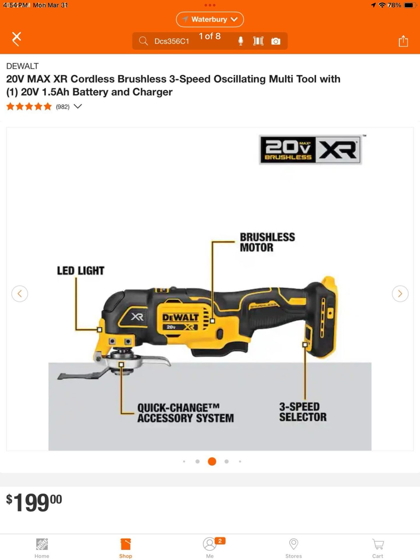 DEWALT 20V MAX XR Cordless Brushless 3-Speed Oscillating Multi Tool with (1) 20V 1.5Ah Battery and Charger