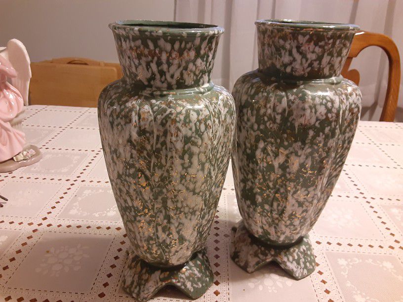 A PAIR OF Very OLD VASES GREEN and GOLD And White 12 INCHES Tall PERFECT CONDITION