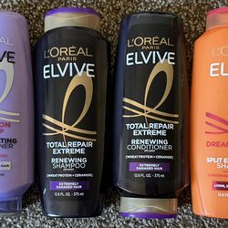 NEW Set of (6) L'Oréal Elvive Shampoo & Conditioner Total Repair Extreme & Dream Lengths Retail $38  Includes:  —(1) L'Oréal Elvive Hyaluron + Plump 7
