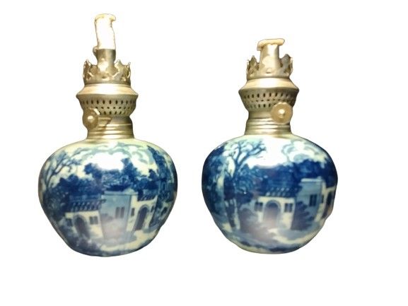 Vintage Blue/White Ironstone Oil Lamps