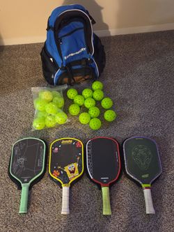Pickleball equipment! Paddles, Balls, Backpack.